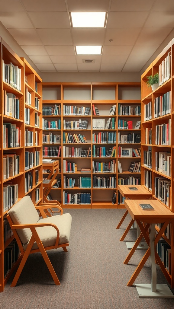 A compact library room featuring shelves filled with books, a foldable table, and a comfy chair.