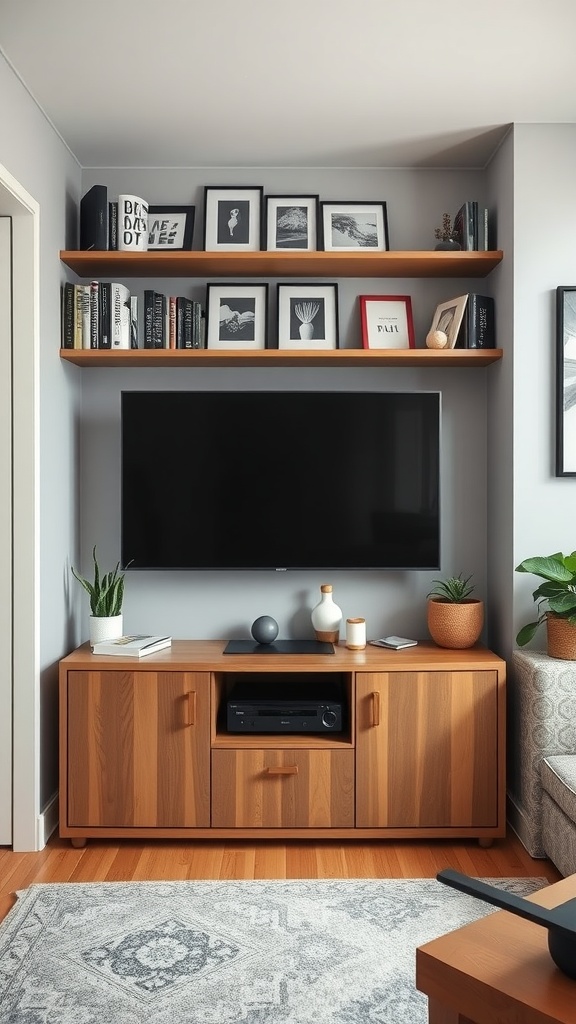 A compact entertainment center with a TV, wooden console, and wall-mounted shelves displaying books and photos.