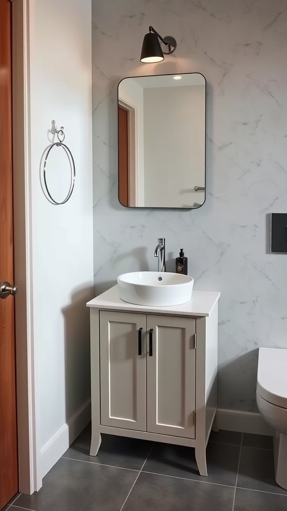 A compact bathroom vanity with a round sink and a mirror above, set against a modern wall.