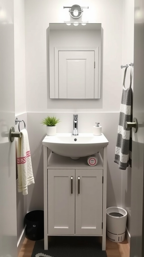 Compact bathroom vanity with a sink and storage underneath.
