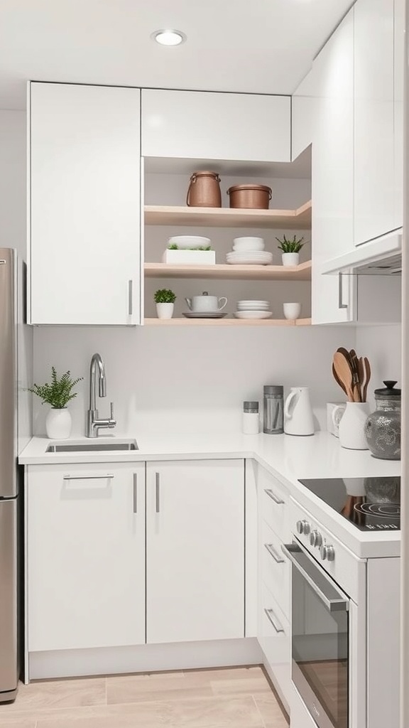 A modern compact white kitchen featuring sleek cabinets and open shelving with decorative items.