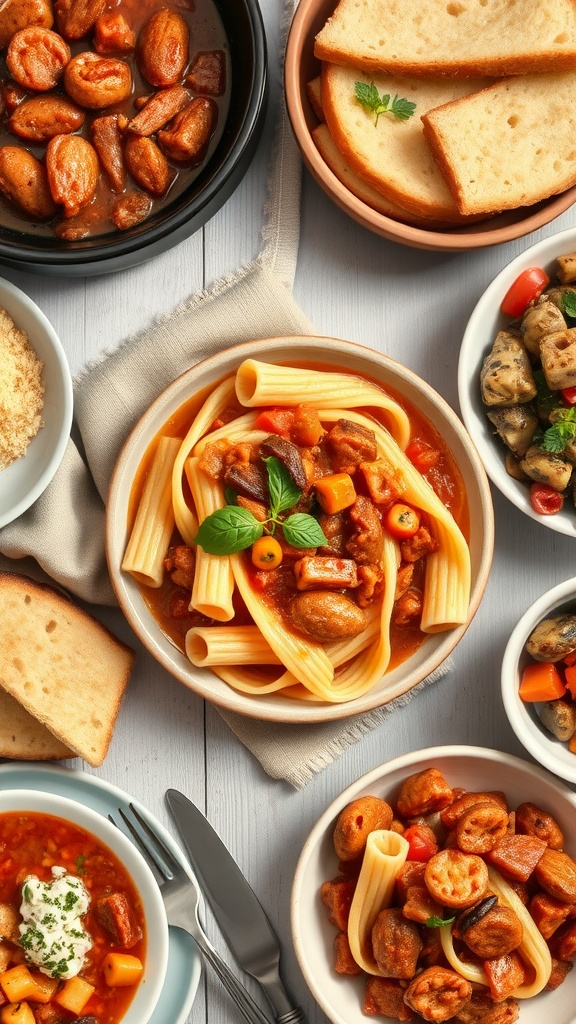 A warm bowl of pasta fagioli served with side dishes.