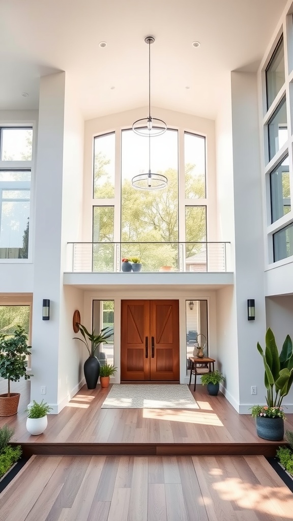 Interior of a contemporary family home with large windows and wooden doors