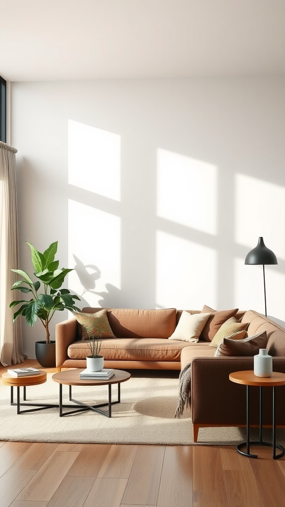 A contemporary living room featuring a brown couch, potted plant, and stylish coffee tables.