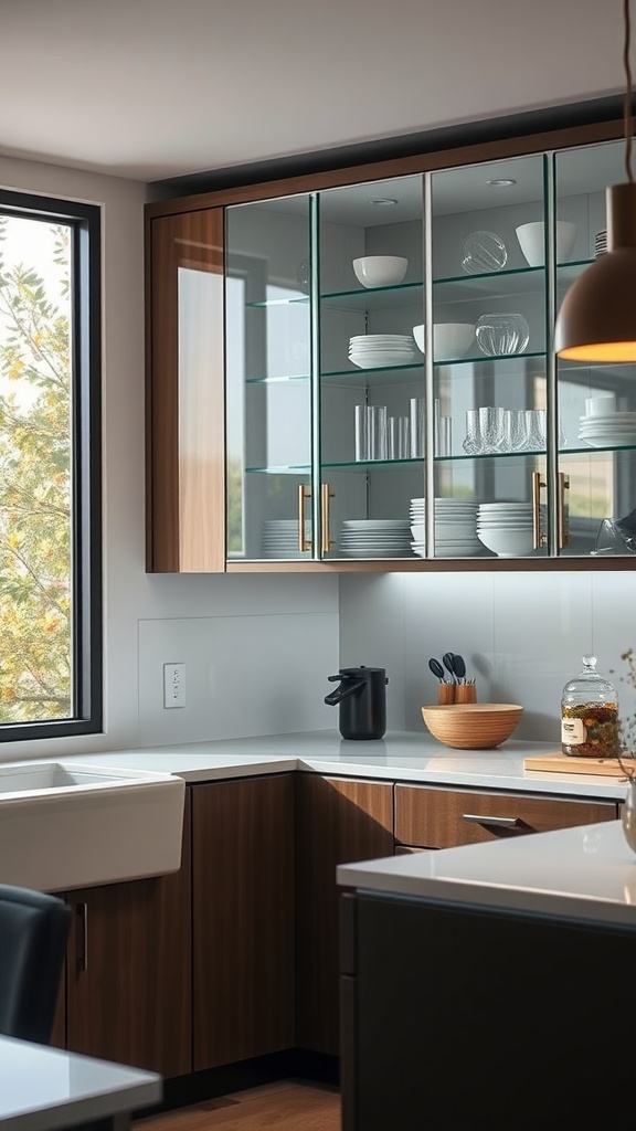 A contemporary white kitchen showcasing glass-front cabinets with dishware.