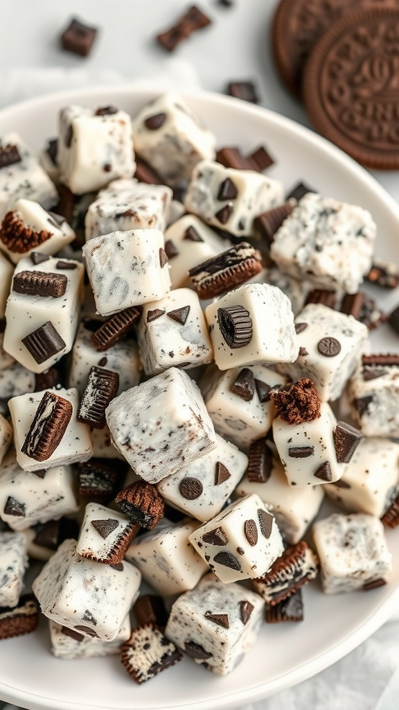A plate of Cookies and Cream Muddy Buddies, featuring a mix of white chocolate coated cereal, crushed cookies, and chocolate pieces.