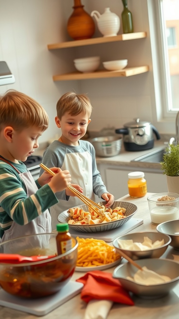 Two kids preparing crab rangoon in a kitchen