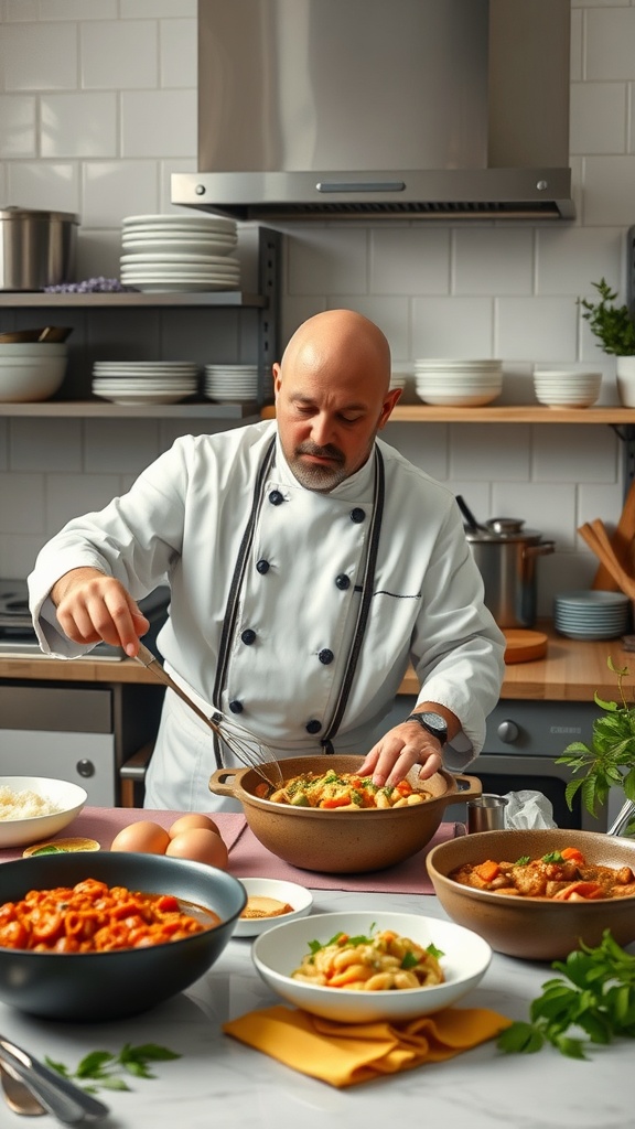 A chef preparing a hearty pasta fagioli dish with various ingredients in a cozy kitchen setting.