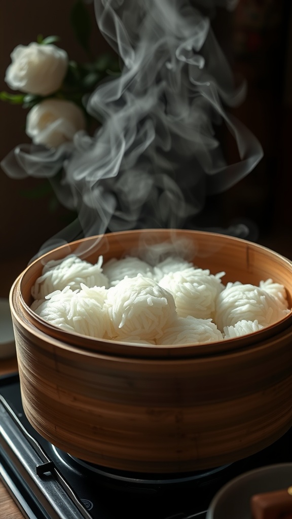A bowl of steaming sticky rice ready to be served with mango.