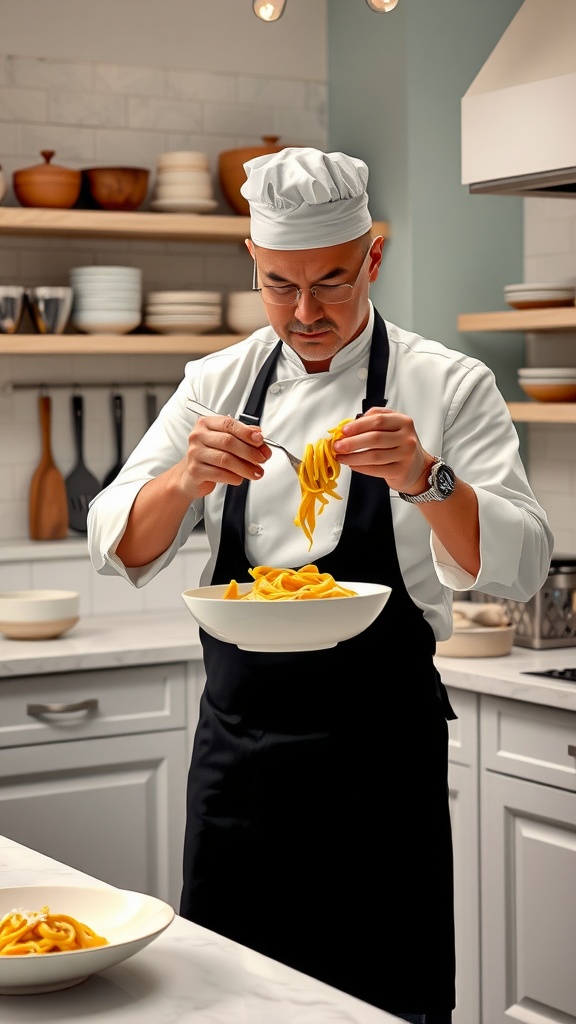 A chef preparing pasta carbonara in a kitchen.