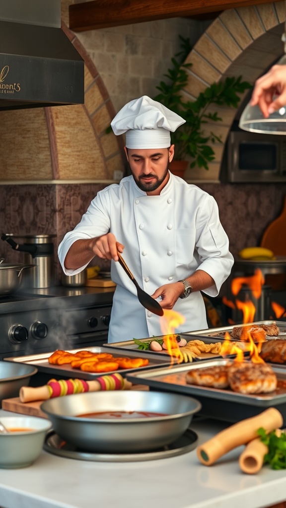 A chef preparing Mediterranean dishes in a kitchen