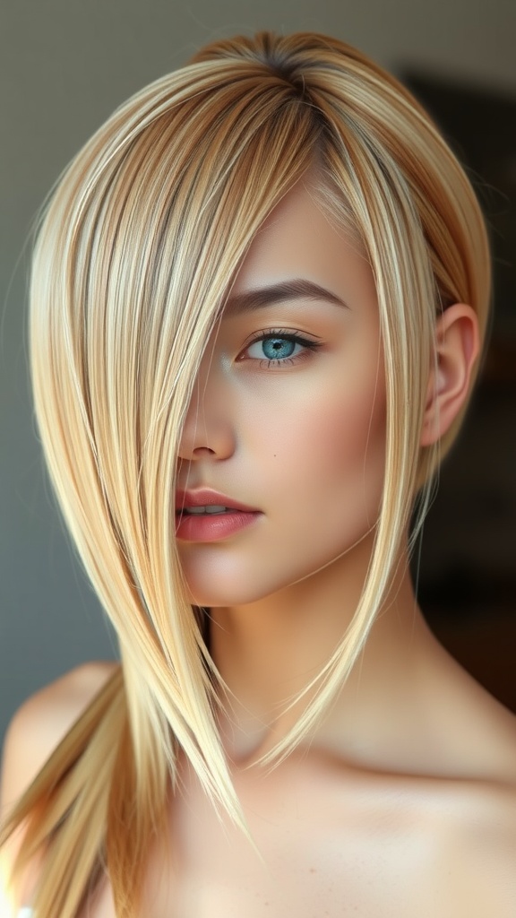 A model with cool beige blonde hair styled elegantly, showcasing a soft and chic look.