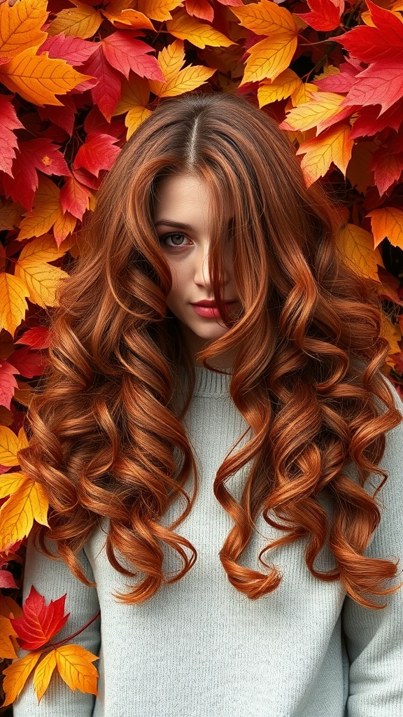 Woman with coppery mahogany hair in front of autumn leaves