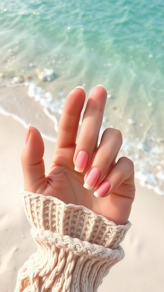 A hand with coral to peach ombre nails near the beach.