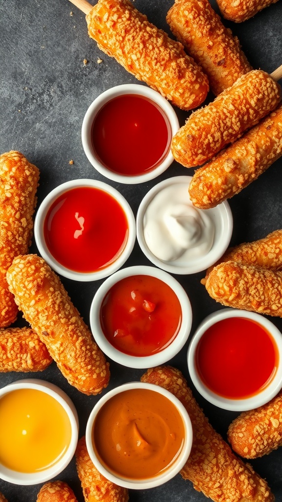 A selection of corn dogs with various dipping sauces in small bowls.