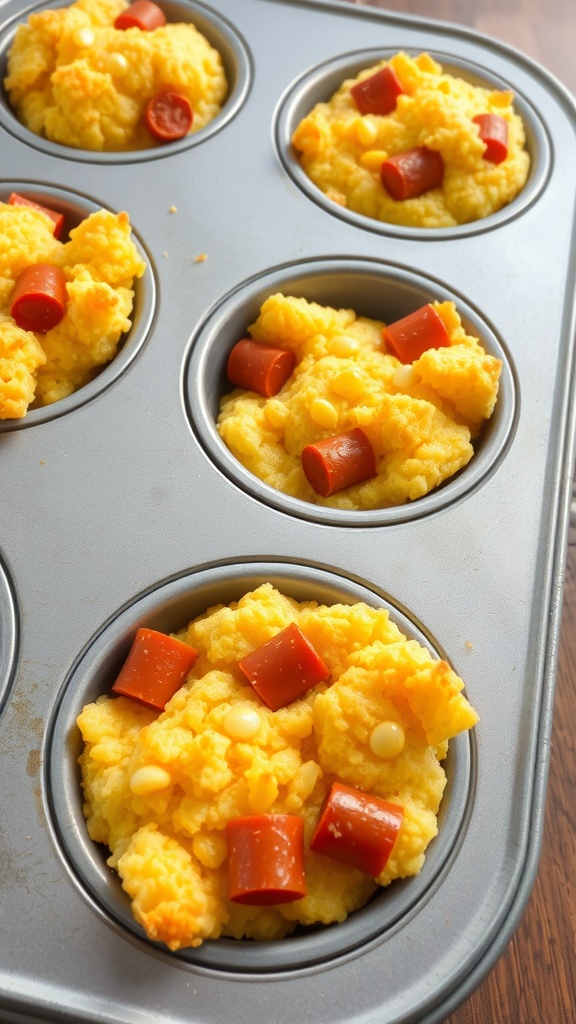 Corn dog muffins in a muffin tin with hot dog pieces and corn