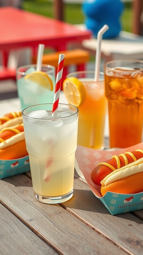 A selection of corn dogs with various colorful beverages on a wooden table.