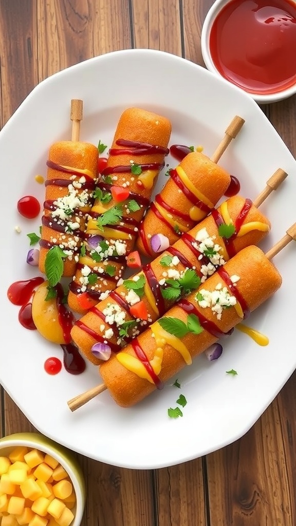 Deliciously presented corn dogs with various sauces and garnishes