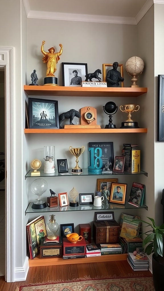 A corner shelf displaying various collectibles including trophies, books, and decorative items.