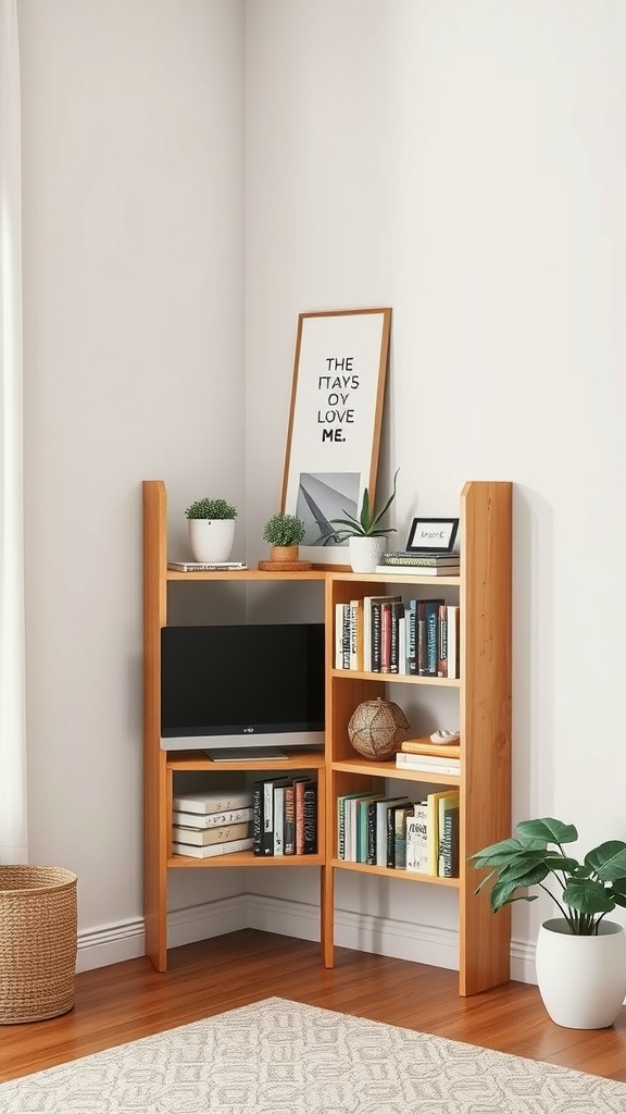A corner shelf with a TV, books, and plants, showcasing its use as a room divider.