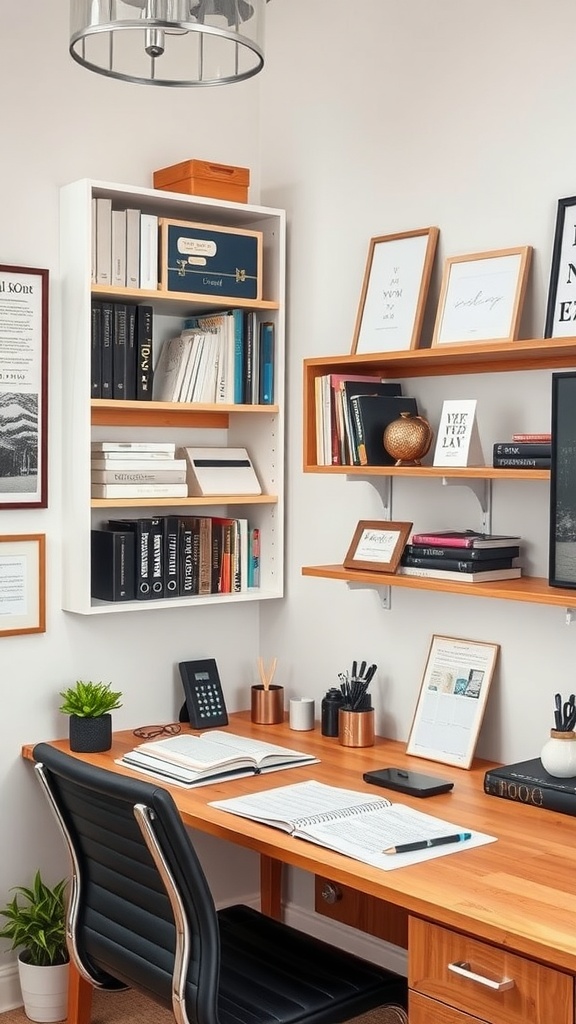 Corner shelves organized with books and decor in a home office