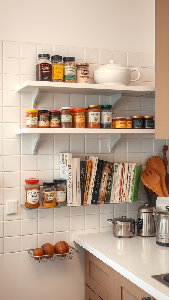 A corner shelf in a kitchen displaying jars of spices and cookbooks.