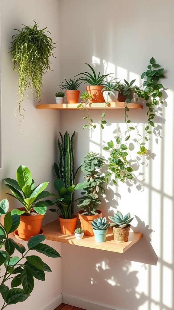 A corner shelf displaying various potted plants, creating a vibrant and inviting indoor space.