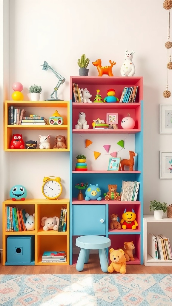 Colorful corner shelves filled with toys and books in a kids' room