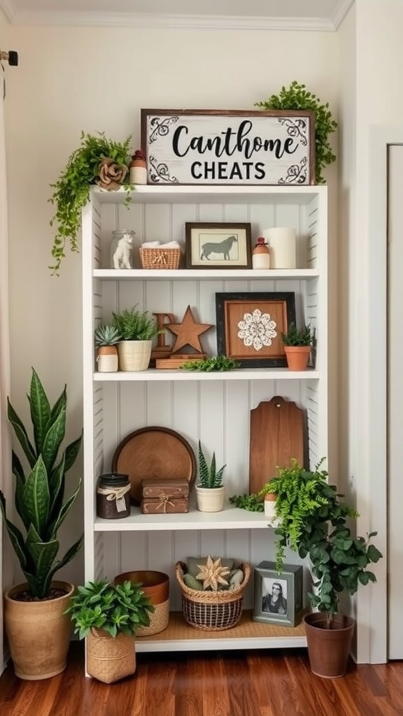 A corner shelf styled with farmhouse decor, featuring plants, wooden items, and decorative pieces.