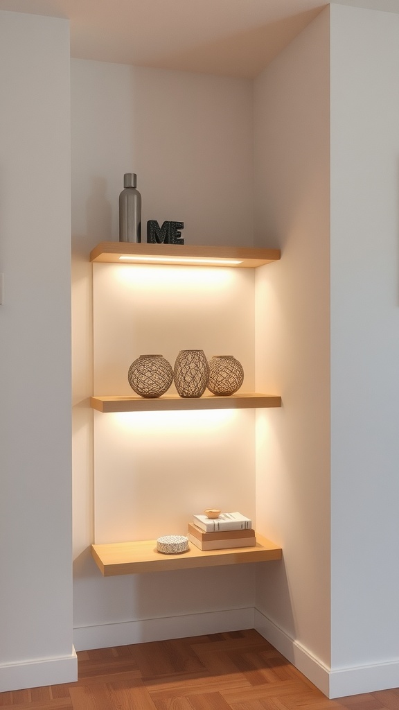 Corner shelf with built-in lighting displaying decorative items