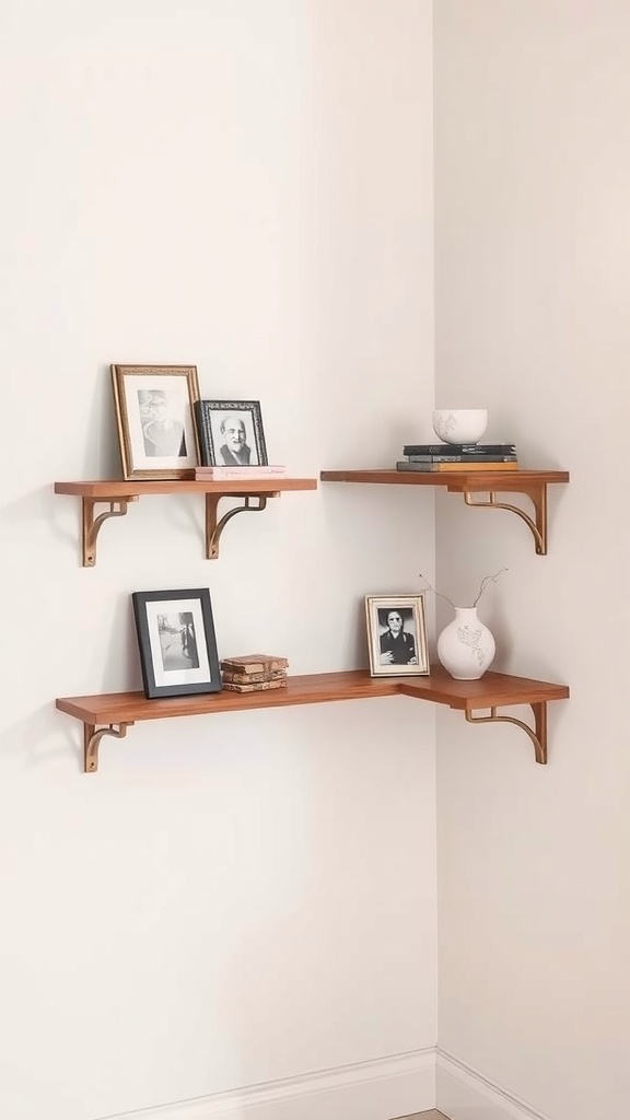 Corner shelves with unique bracket designs showcasing framed pictures and decorative items