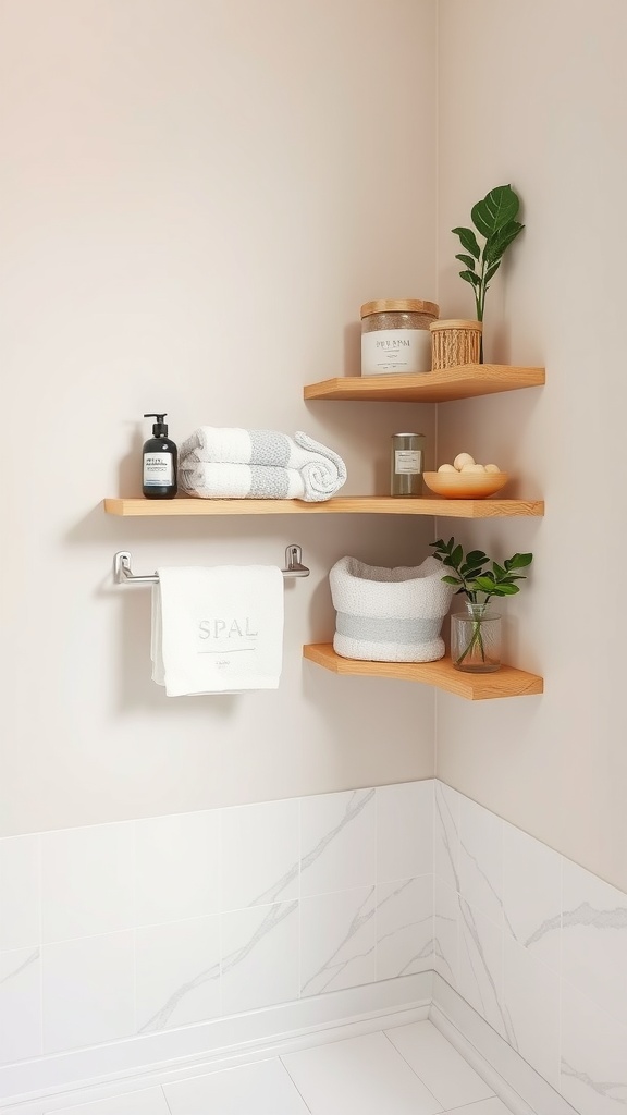 Stylish corner shelves in a bathroom displaying towels, toiletries, and decor.
