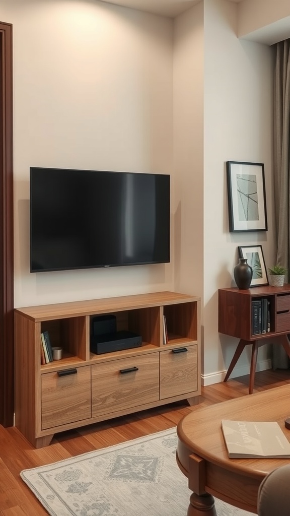 A modern corner TV stand in a cozy living room