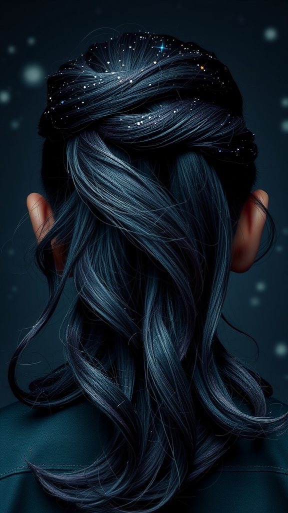 A stylish hairstyle featuring dark blue and purple tones, styled to resemble a cosmic galaxy with sparkles.
