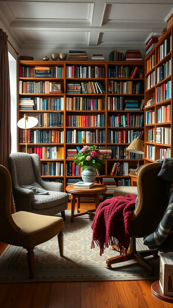 A cozy library with wooden shelves filled with books, comfy chairs, and knit throws, creating a warm cottage-inspired atmosphere.