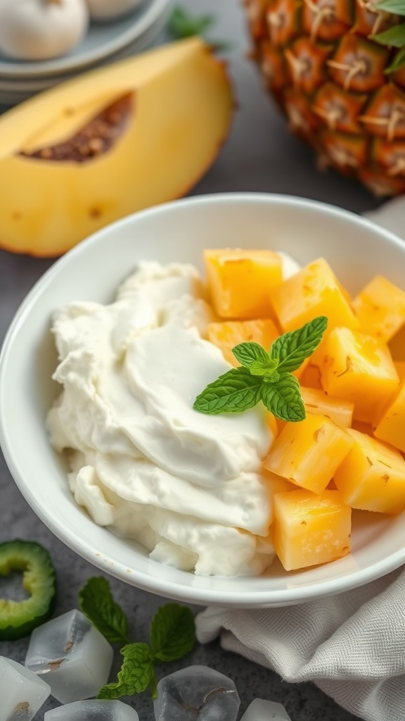 Bowl of cottage cheese topped with diced pineapple and mint