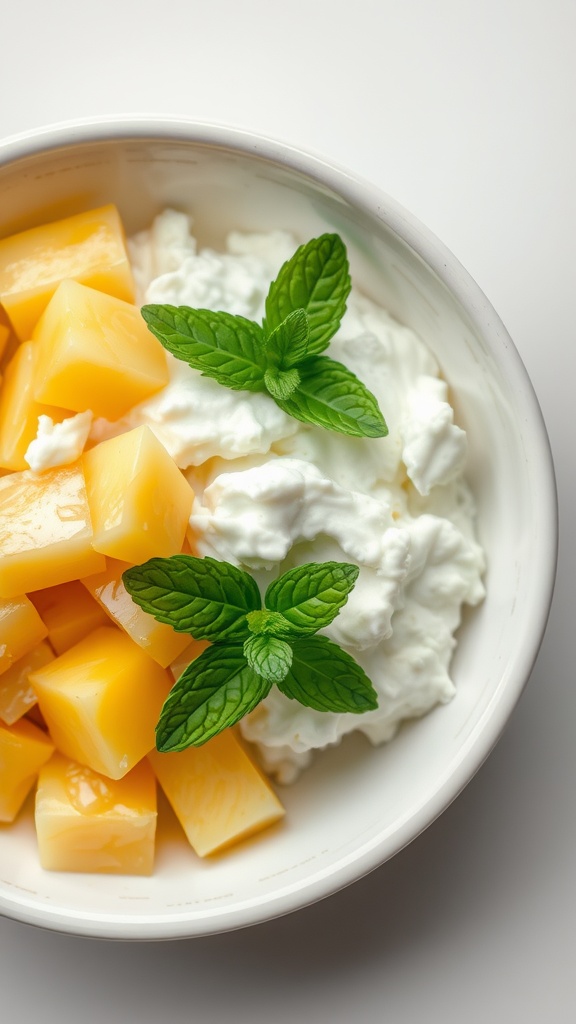 A bowl of cottage cheese topped with pineapple chunks and mint leaves.