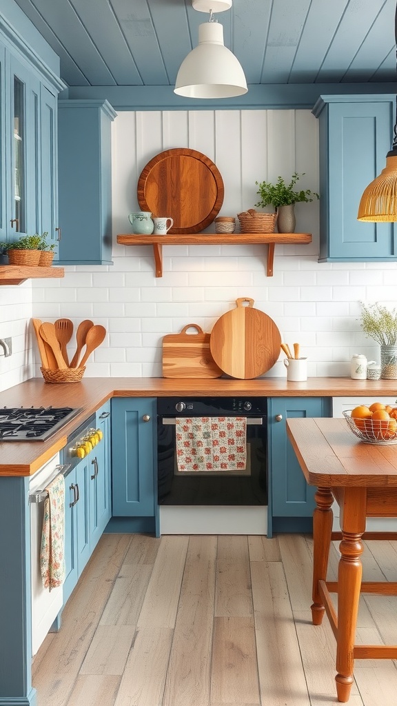 Cozy cottage style blue kitchen with wooden accents and plants