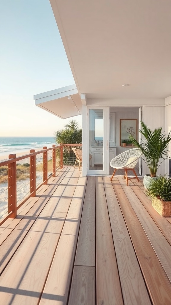 Cozy beach house balcony with wooden deck and ocean view