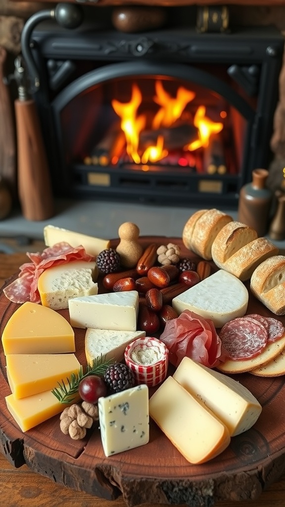A cheese board featuring various cheeses, cured meats, nuts, and berries, set in front of a cozy fireplace.