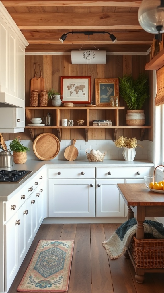 Cozy farmhouse white kitchen with wooden accents and simple decor
