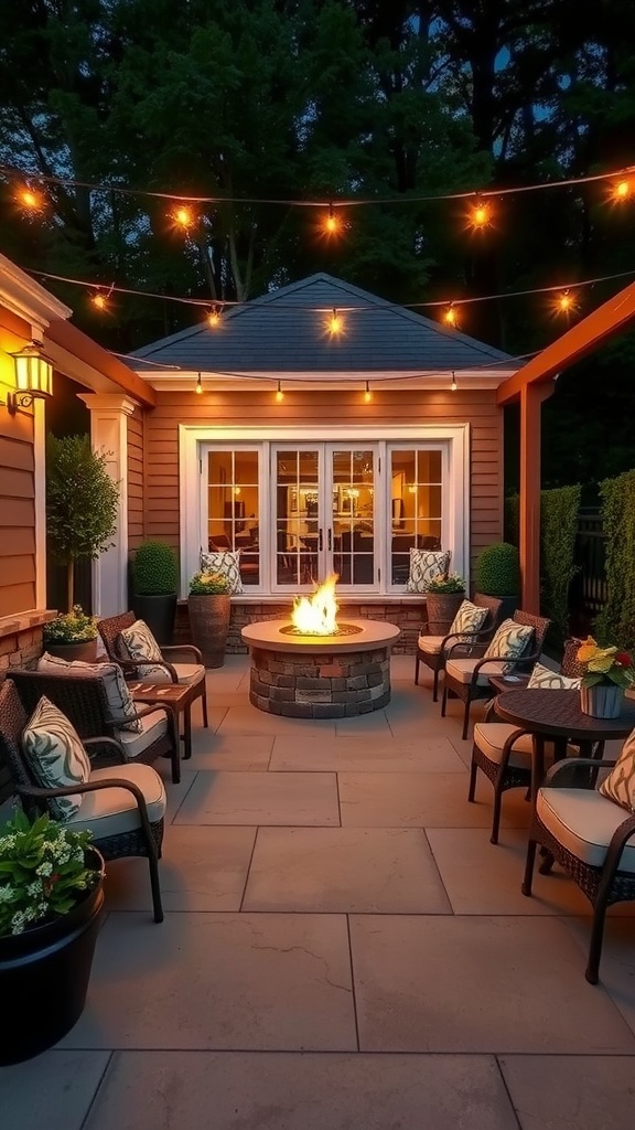 Cozy outdoor patio with a fire pit, surrounded by chairs and string lights.