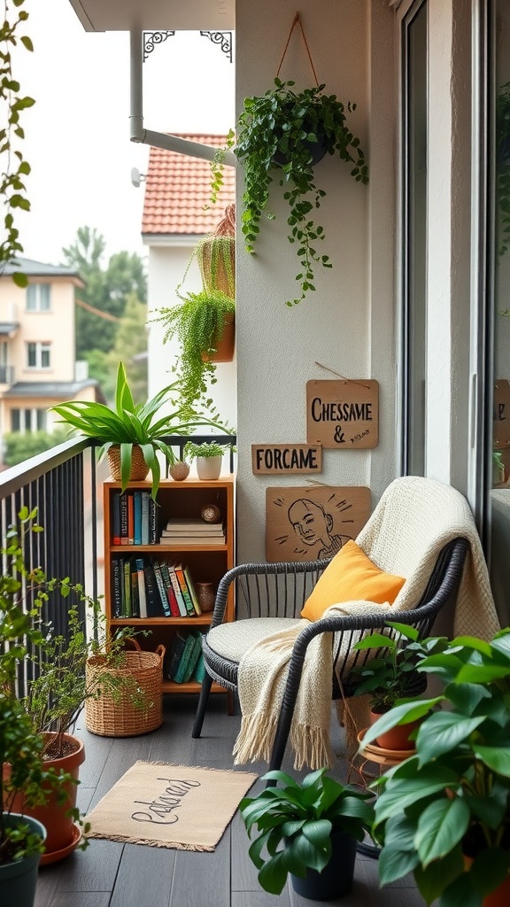 A cozy reading nook on a balcony with plants, a chair, and a bookshelf.