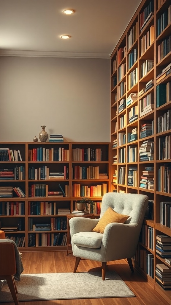 Cozy reading nook featuring floor-to-ceiling bookshelves and a comfortable chair
