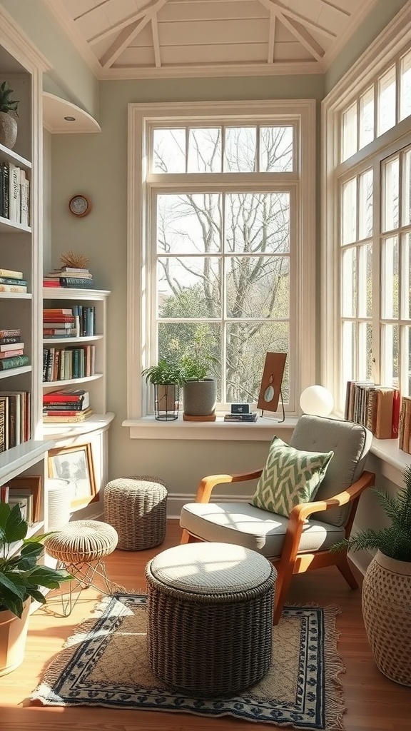 Cozy reading nook in a sunroom with bookshelves, a comfortable chair, and plenty of natural light.