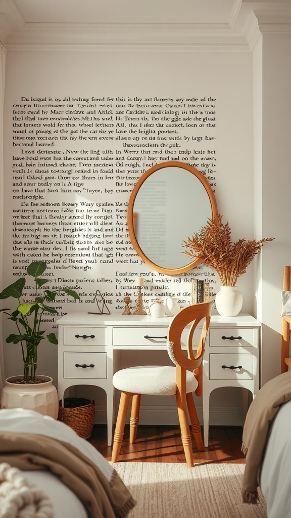 Cozy bedroom corner featuring a white vanity with a round mirror, chair, and decorative elements, surrounded by text on the wall.