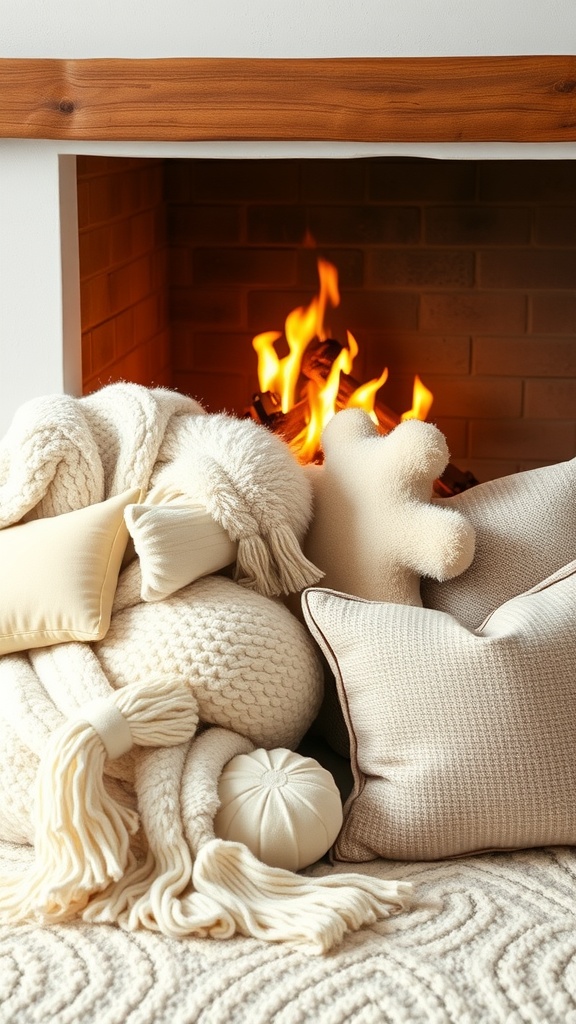 A cozy arrangement of throws and pillows near a warm fireplace.
