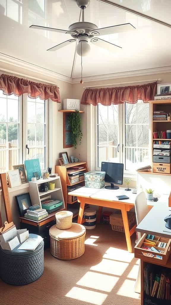 A bright and organized craft room in a small sunroom with shelves, a desk, and plenty of supplies.