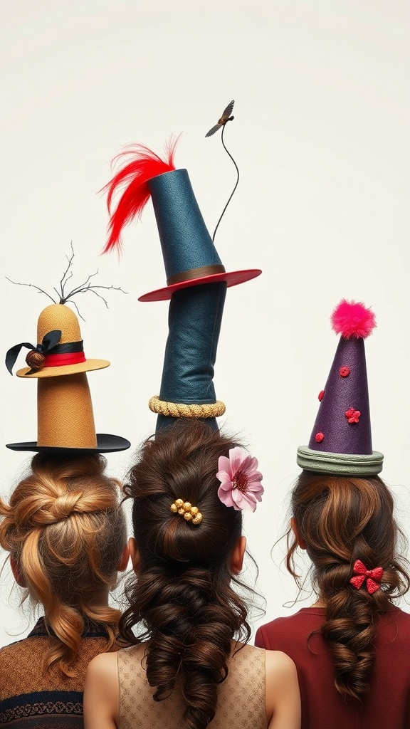 Three children wearing colorful and whimsical hats from the back.