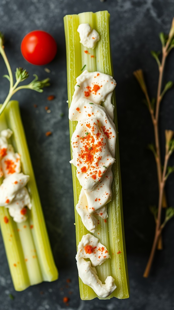 A close-up of celery sticks filled with cream cheese and sprinkled with spices.